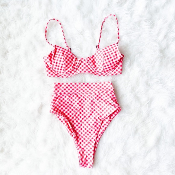pink and white checkered swimsuit